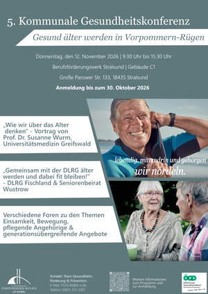 Plakat zur 5. Kommunalen Gesundheitskonferenz: Gesund &auml;lter werden in Vorpommern-R&uuml;gen